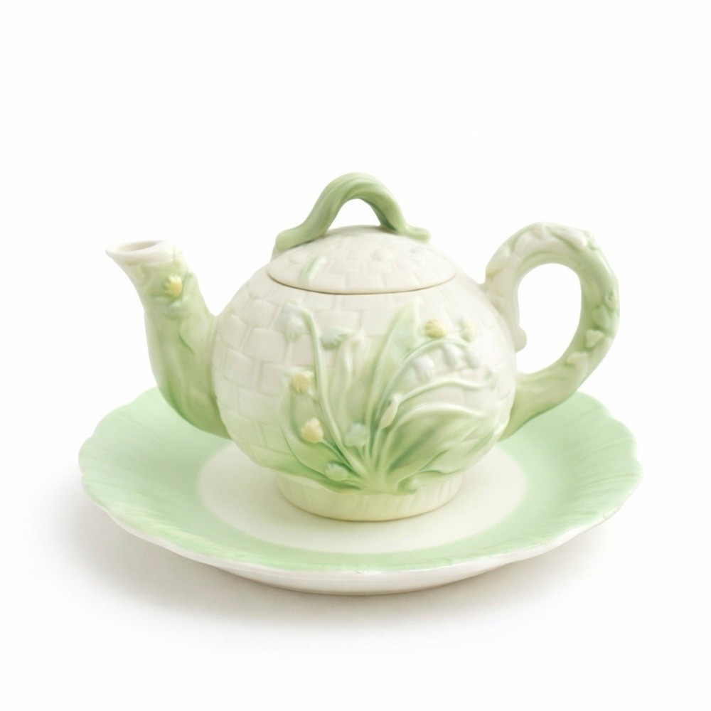 Vintage Mini Teapot Saucer Set Green Lily of the Valley Relief Cottage Teapot